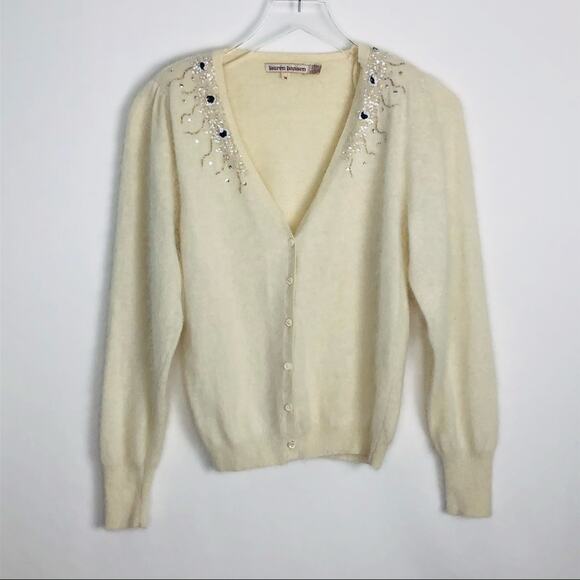 Vintage Embellished Cardigan Sweater Button Front Angora Wool Medium - Picture 3 of 9